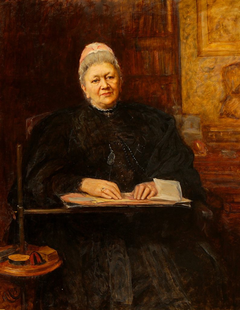Oil painting portrait of Phoebe Lankester seated in her home