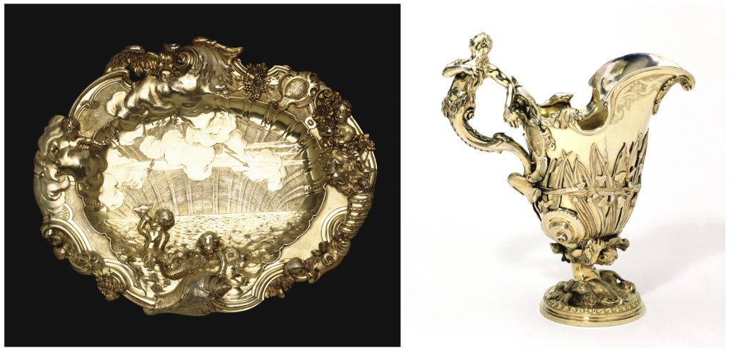 Colour photographs of a silver gilted dish and ewer from the eighteenth century