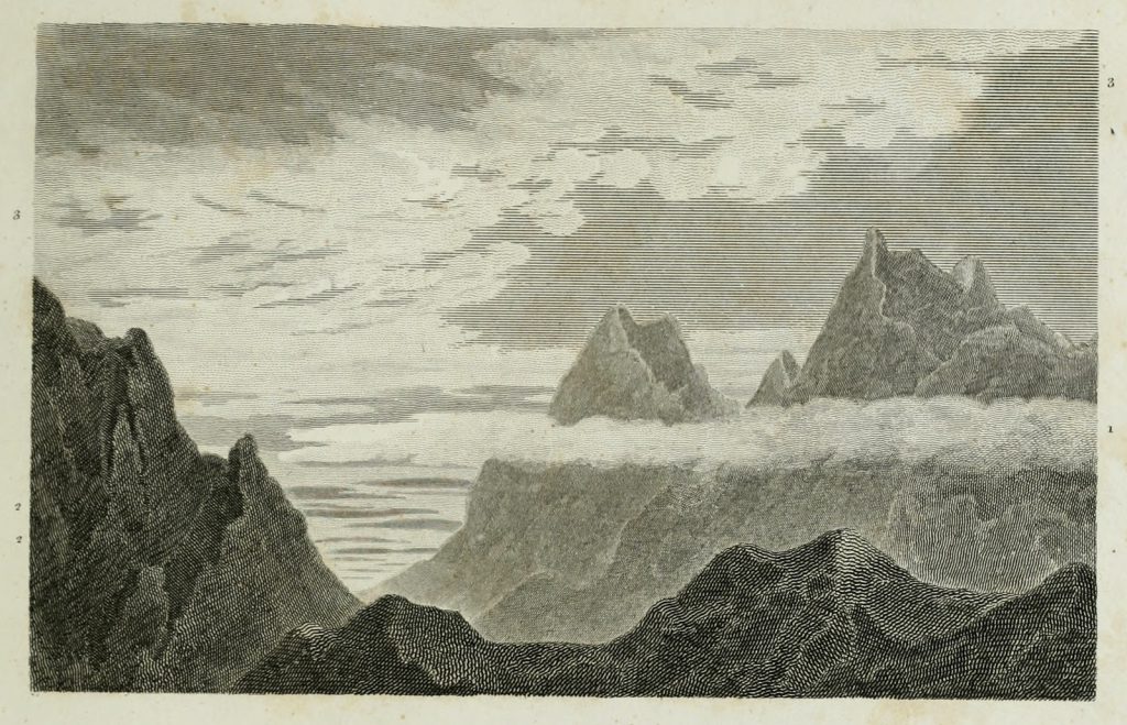 Engraving of a cloud formation over mountains