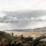Watercolour painting of a rural landscape with a large cloud formation overhead