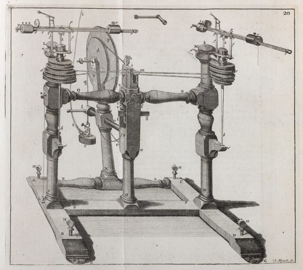 Detailed ink drawing of a machine for central forces