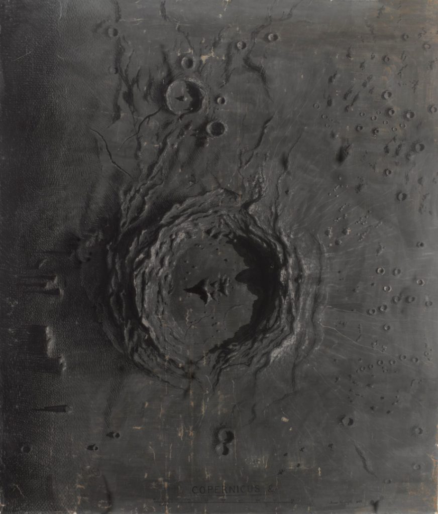 A black and white drawing of a crater in chalk pastel and crayon entitled Copernicus