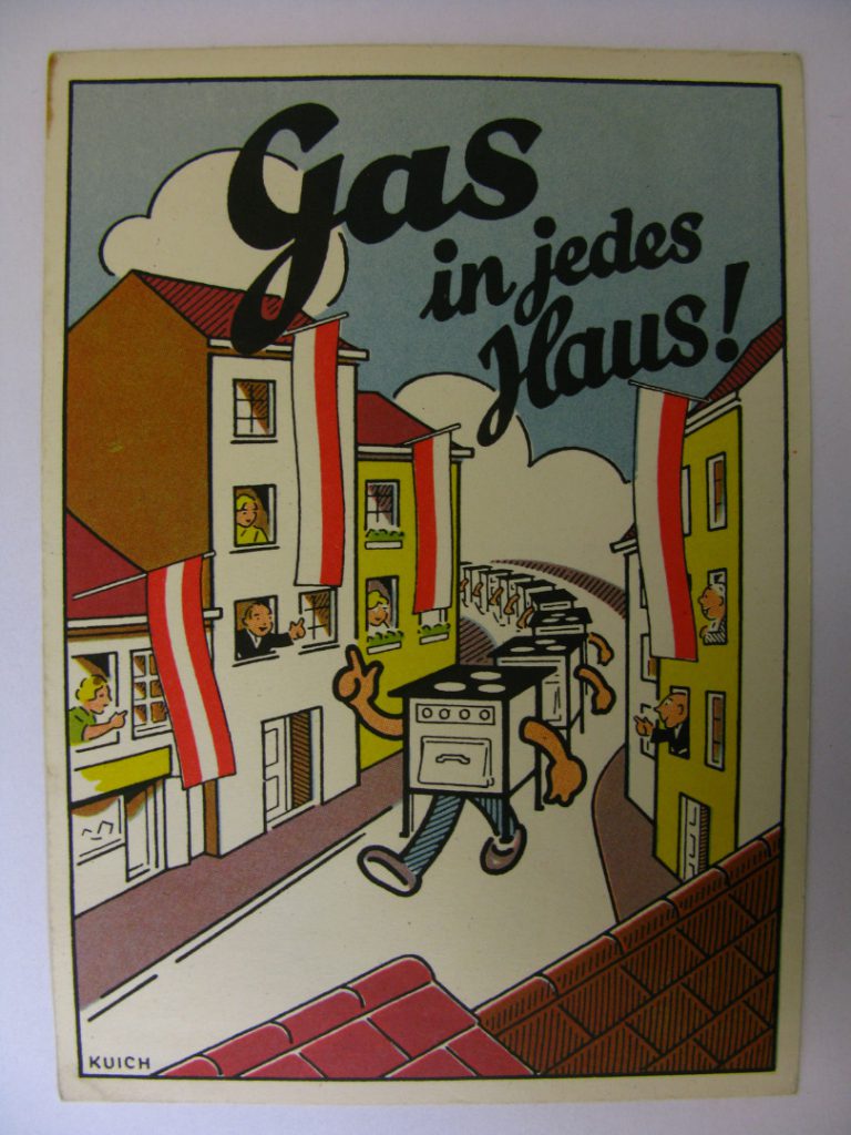 Leaflet showing a cartoon depiction of gas ovens walking their way through a town