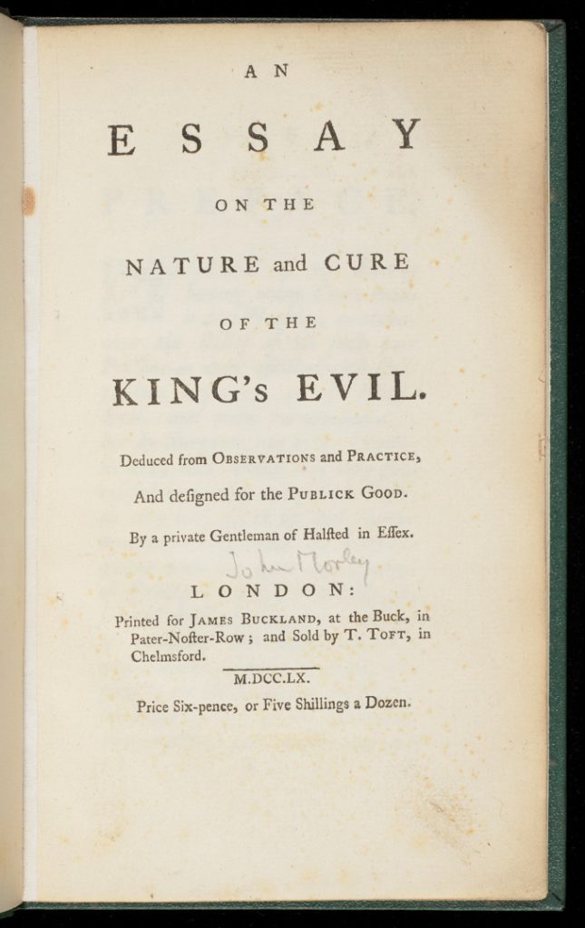 Title page of the first edition from 1760 of an Essay of the Nature and Cure of Scrophulous Disorders