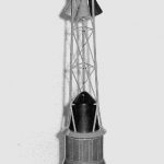 Black and white photograph of a model of the Mercury space capsule