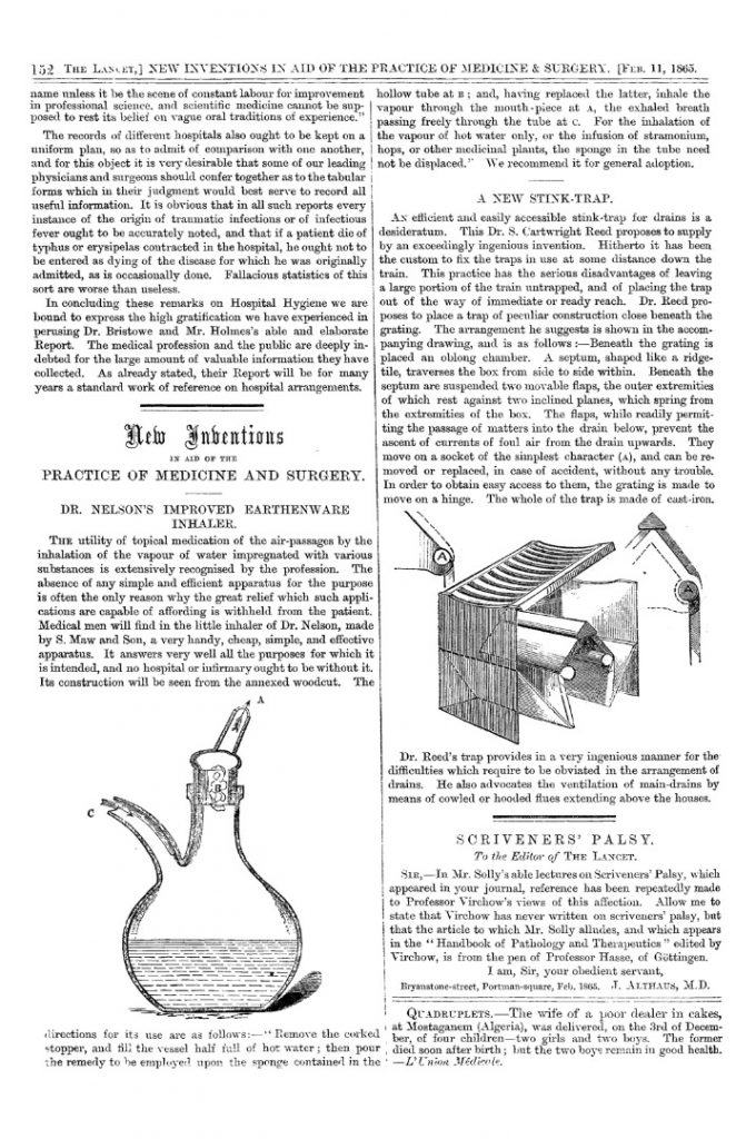 Page from a pamphlet about new inventions showing a diagram of Nelsons inhaler