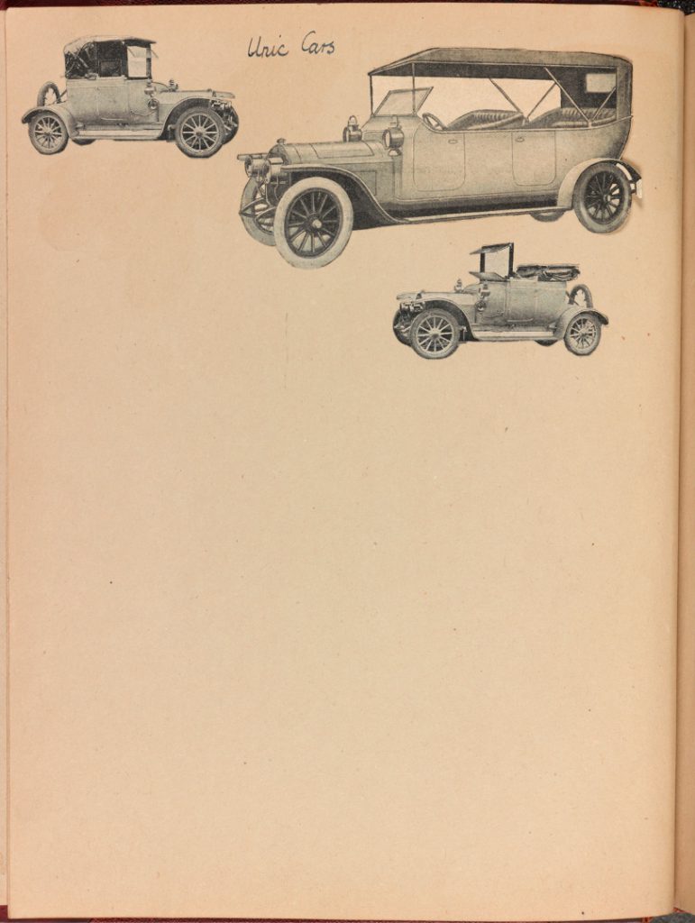 Page from a scrap book showing paper cuttings of different types of early 20th century automobiles
