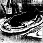 A black and white drawing in a magazine of a cooked fish on a plate with a moustachioed man's head