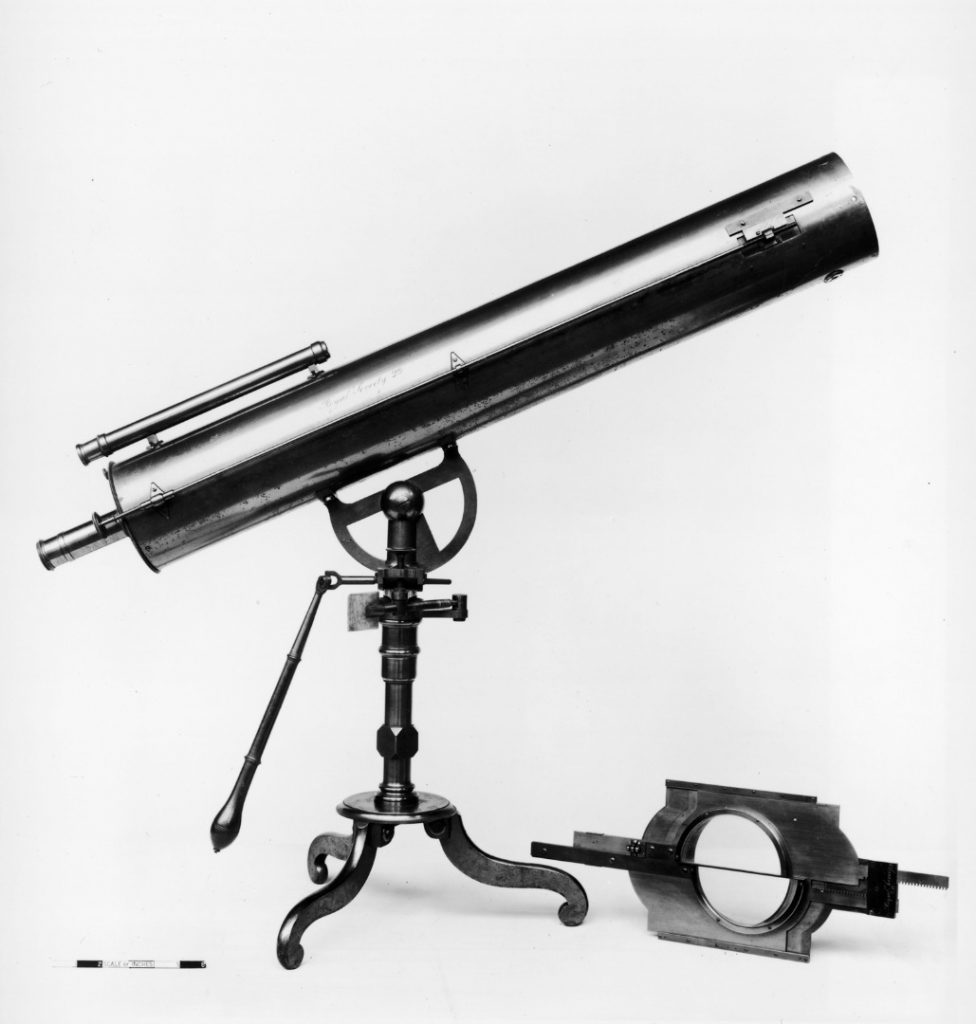 Black and white photograph of a thirty six inch reflecting telescope