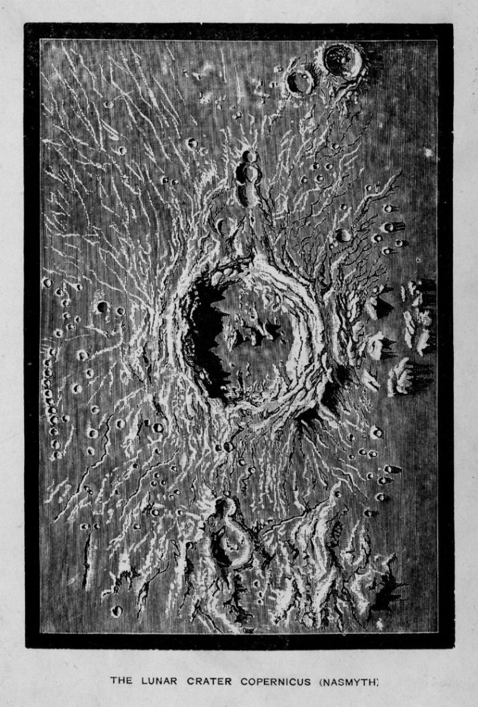 Engraving of Nasmyth's crate image as it appears in Proctor's book on the moon