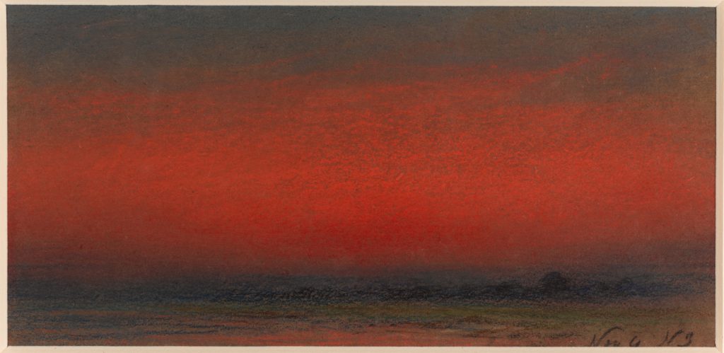 Oil painting of a sunset in deep reds and black