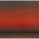 Oil painting of a sunset in deep reds and black