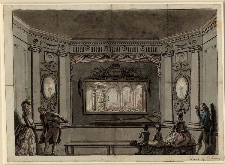 Coloured ink drawing depiction of a moving diorama around which 18th century figures are gathered to watch