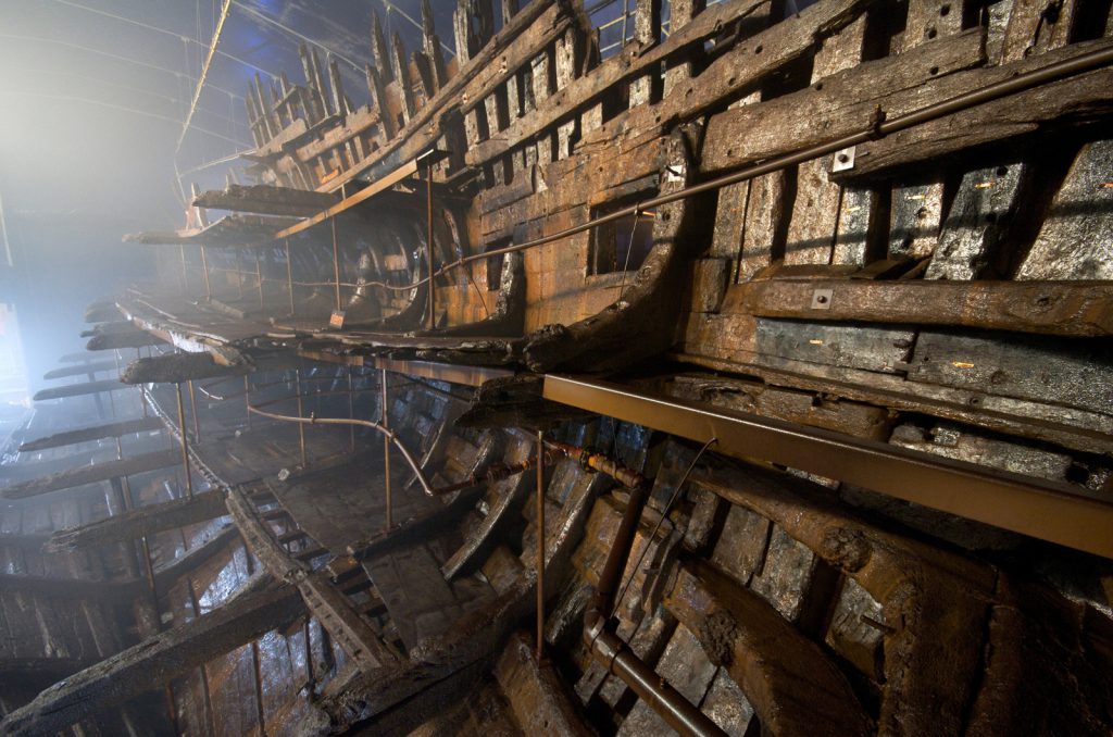 Colour photograph of the wreck of the Mary Rose ship during renovations