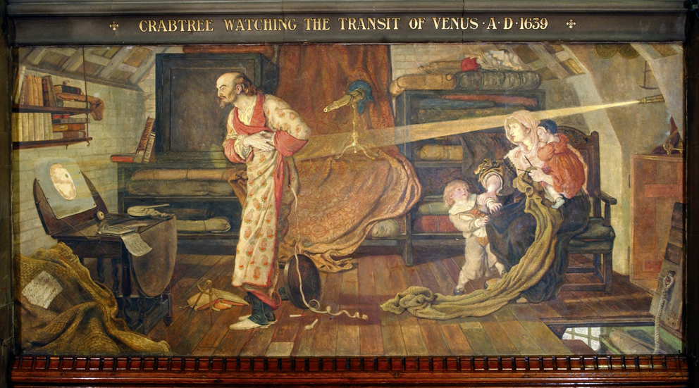 Painted wall mural depicting a man witnessing the transit of venus across the sun via a projection on paper from his telescope