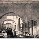 Black and white block print of a scene inside Scutari military hospital