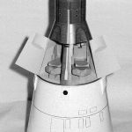 Black and white photograph of a model of the Gemini space capsule