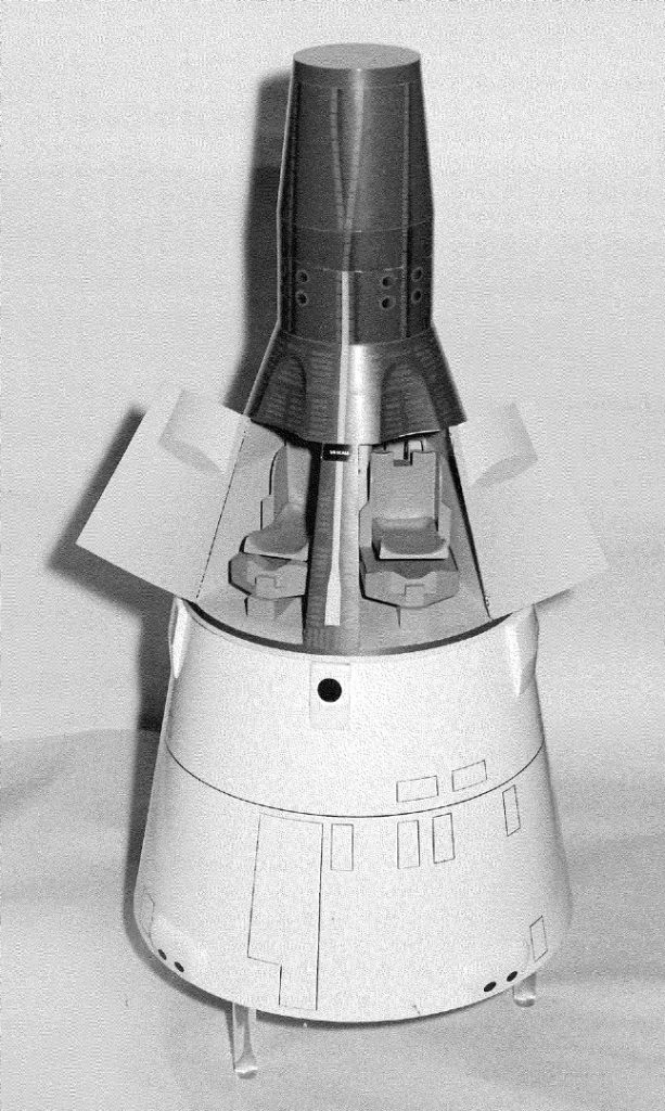 Black and white photograph of a model of the Gemini space capsule