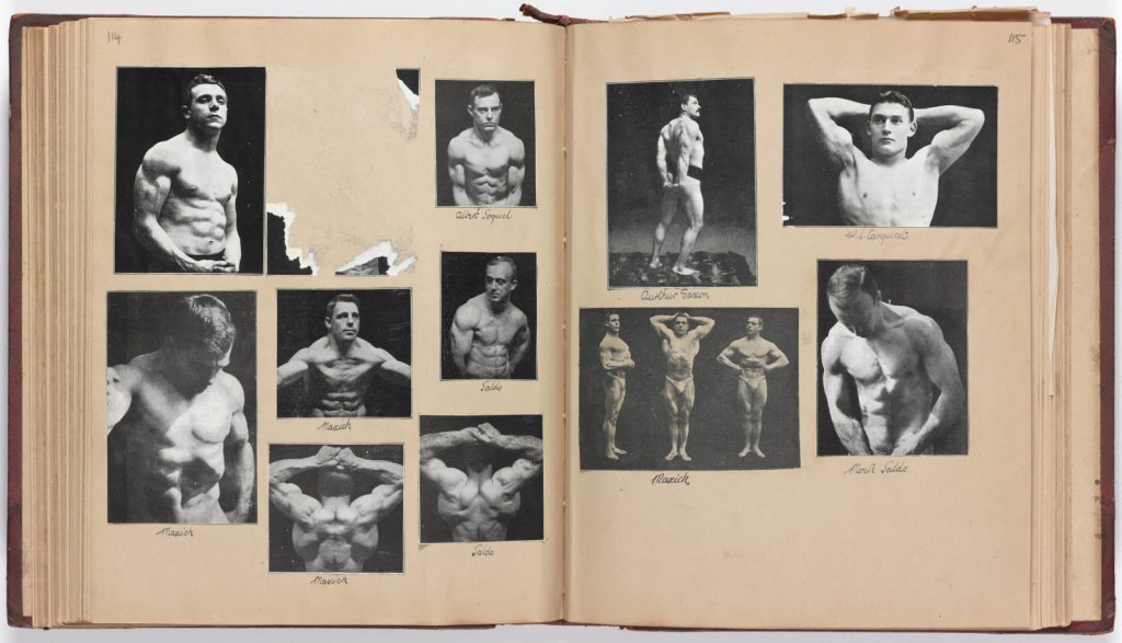 Page from a scrap book showing paper cuttings of a number of early 20th century male bodybuilders in various poses