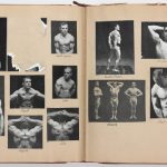 Page from a scrap book showing paper cuttings of a number of early 20th century male bodybuilders in various poses