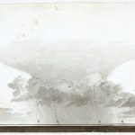 Grey watercolour painting of a cloud formation with pencilled lines and letters