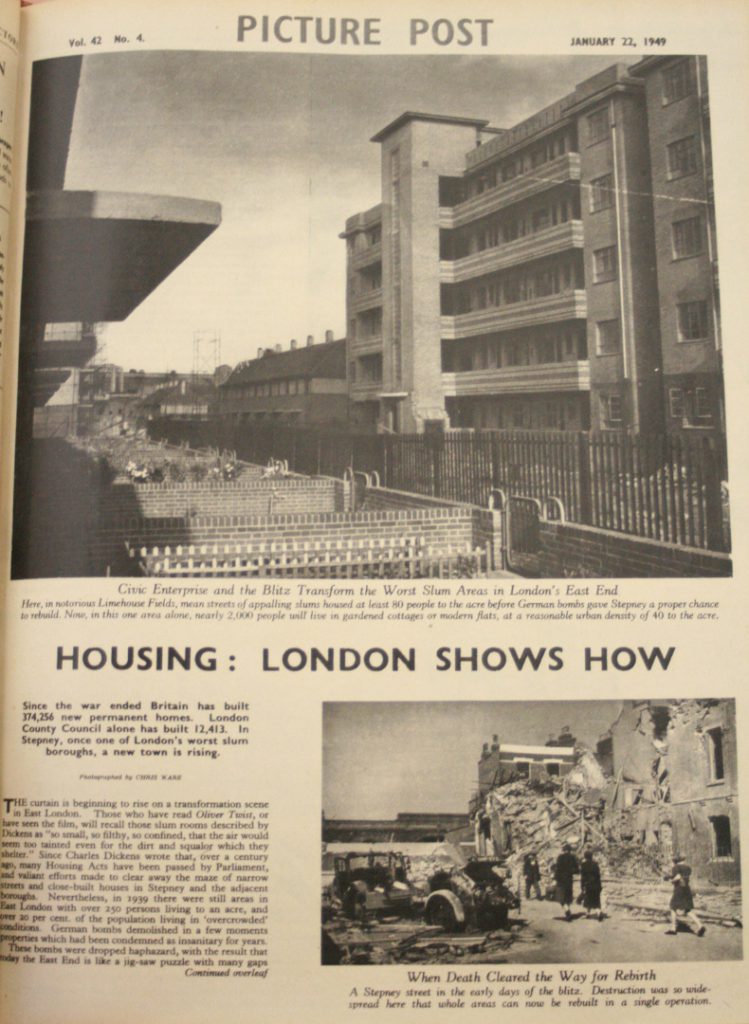 Page from Picture Post magazine showing housing in London. The caption reads Housing: London shows how