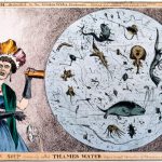 A colour engraving of a shocked woman of the early 1830s looking at the microscopic life present in a sample of Thames water