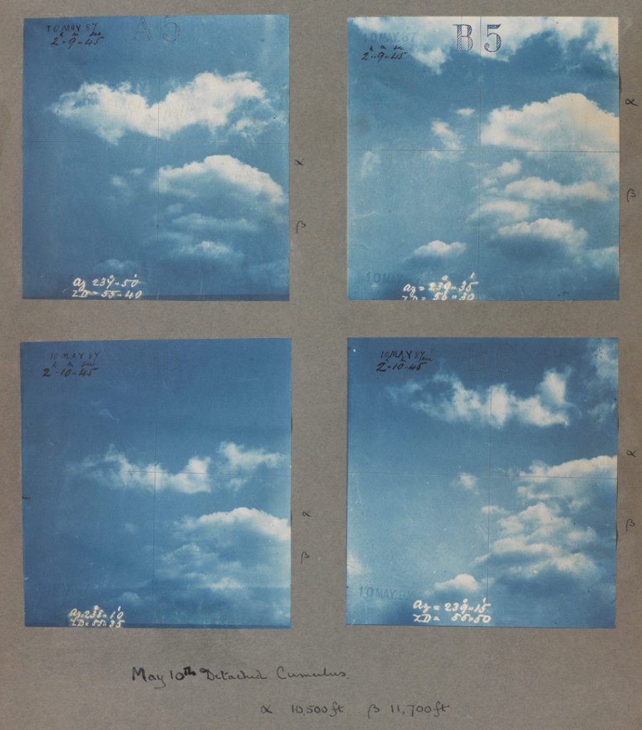 A set of four colour photographs of cumulus cloud formations from 1887