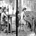 Black and white pen and ink drawing of several female operators at an early telephone switchboard
