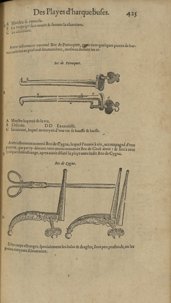 Historical book illustration showing bullet extraction instruments