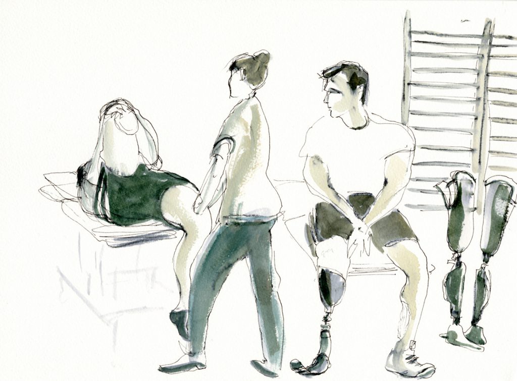 Sketch in watercolour of leg amputees undergoing rehabilitation