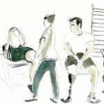 Sketch in watercolour of leg amputees undergoing rehabilitation