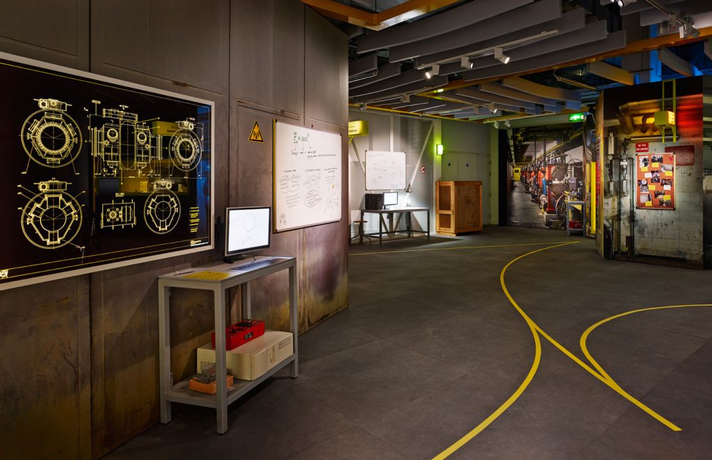 Photograph of part of the Collider exhibition showing a mock section of the interior of CERN