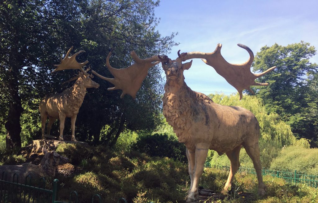 Colour photograph of two concrete Great Irish Elk models from the nineteenth century
