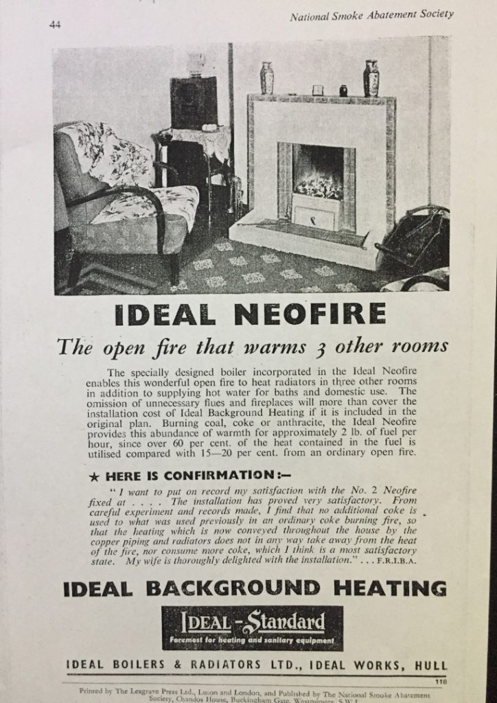 Magazine advertisement from the national smoke abatement society for the Ideal Neofire