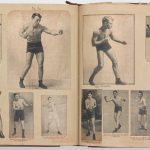 Page from a scrap book showing paper cuttings of a number of early 20th century male boxers in various poses