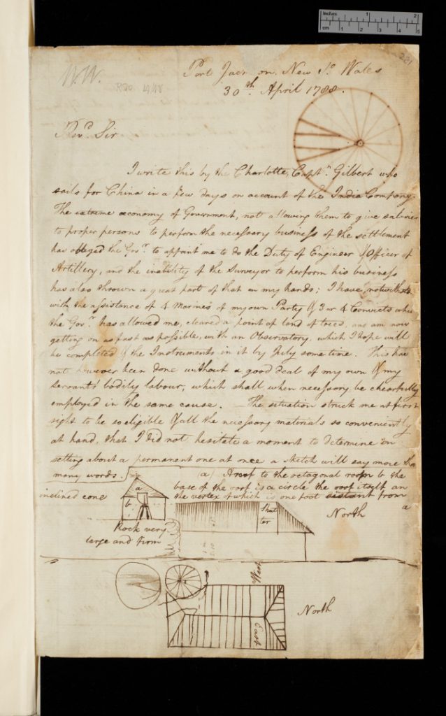 A handwritten letter in ink from 1700 with sketches