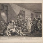 An engraving from 1735 of a scene at Bedlam asylum showing inmates and observers