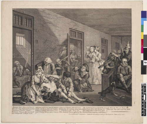 An engraving from 1735 of a scene at Bedlam asylum showing inmates and observers
