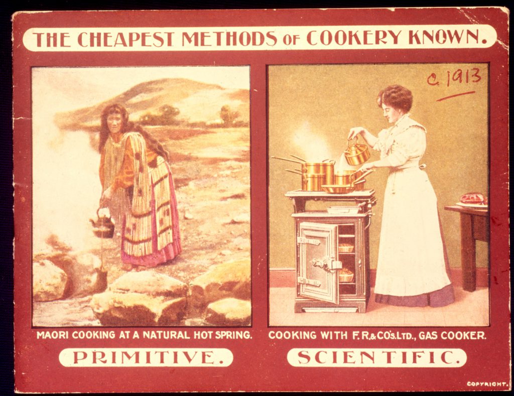 Magazine advertisement for a gas cooker showing a maori cooking at a hot spring next to a western woman cooking on a stove