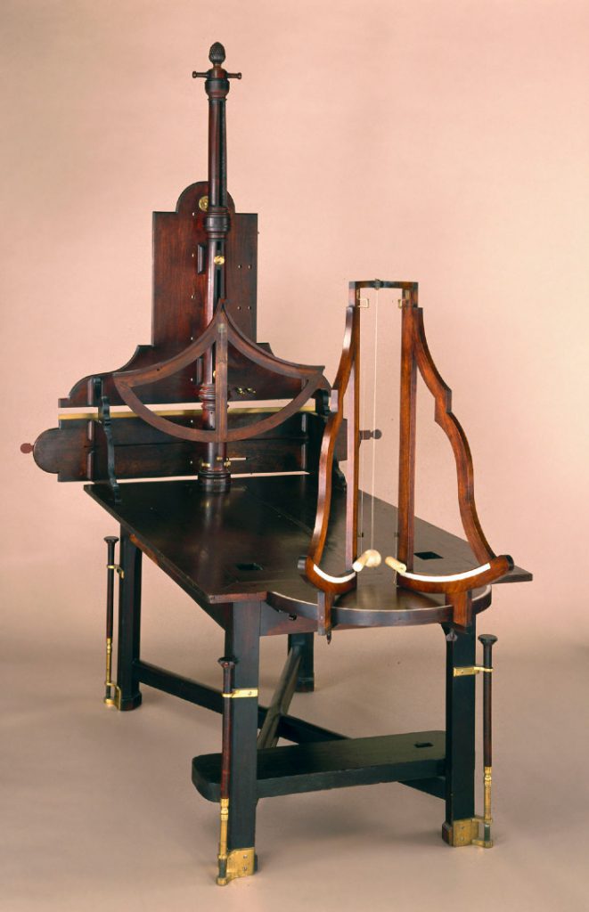 A philosophical table with collision apparatus from 1761 made from mahogany