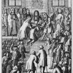 Black and white engraving showing a scene where King Charles Second attempts to cure subjects of scrofula