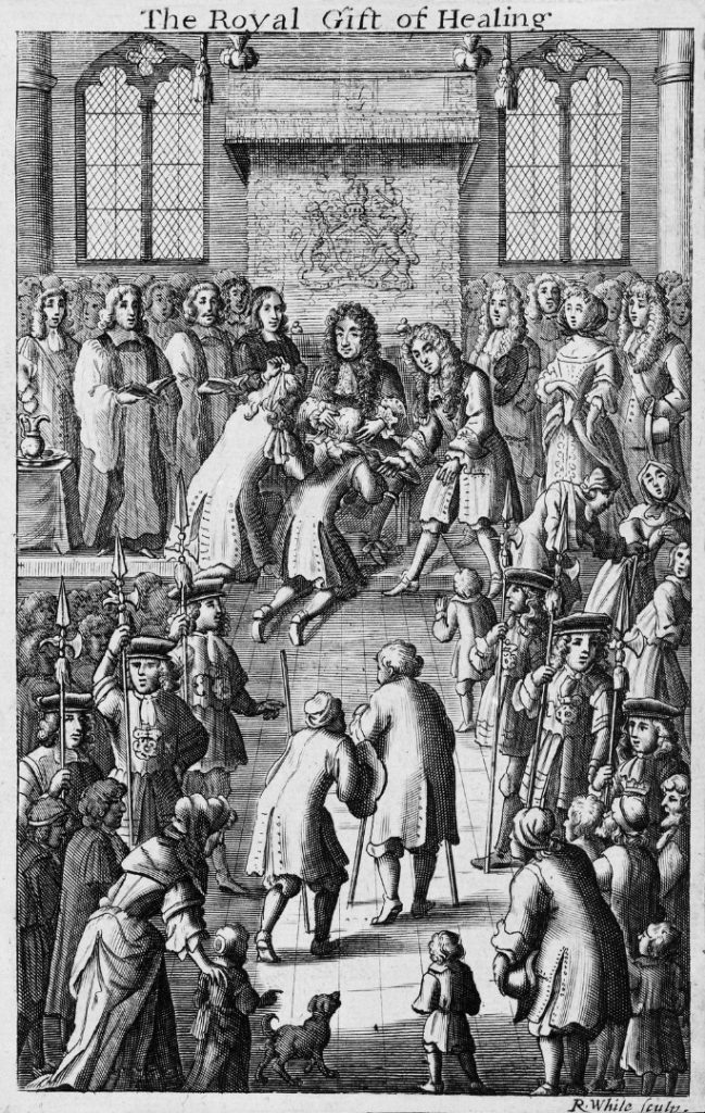 Black and white engraving showing a scene where King Charles Second attempts to cure subjects of scrofula