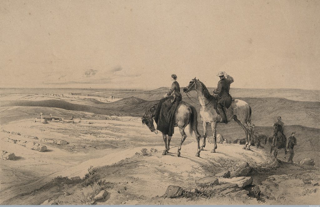 Black and white lithograph of a scene depicting Florence Nightingale on horseback looking over a graveyard