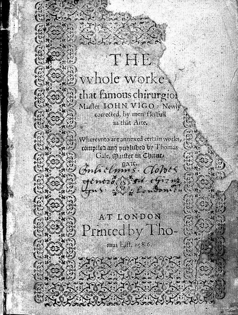 Front cover of a book by John Vigo from 1586