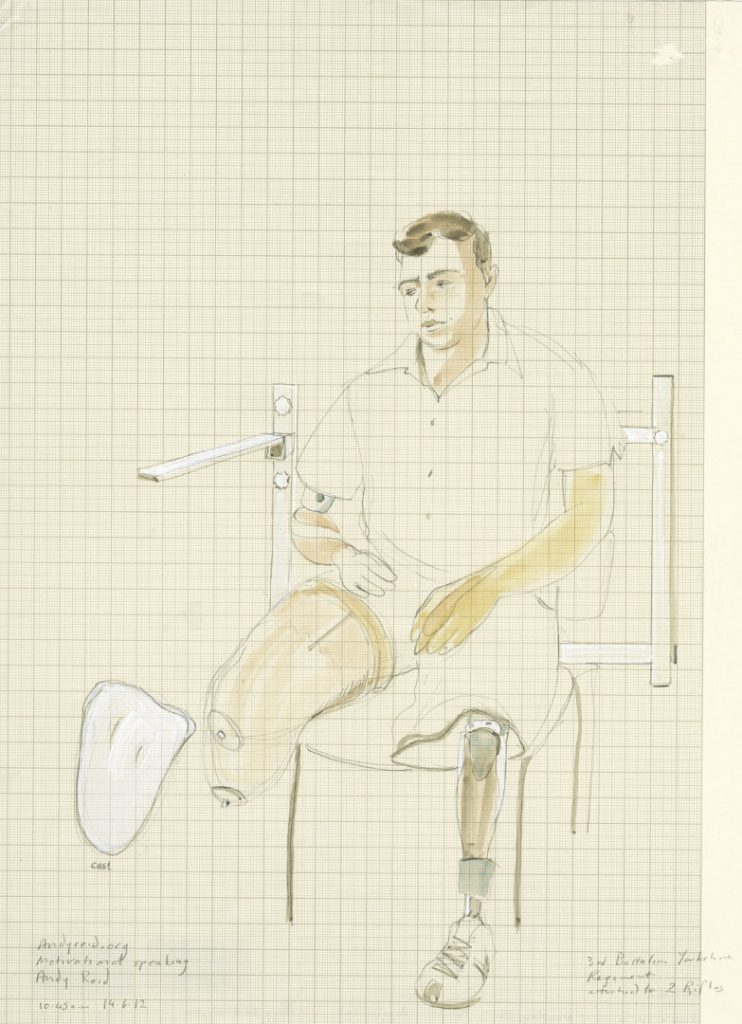 Sketch in watercolour of a double leg amputee with prosthetics