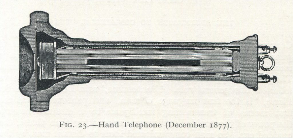 Black and white pen and ink drawing of a cross section of Bell's telephone from the late 1800s