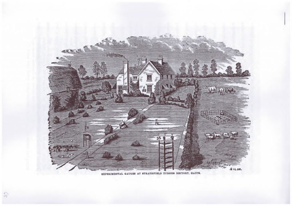 A black and white engraving of a scene showing a number of experimental rain gauges set in the grounds of a rectory