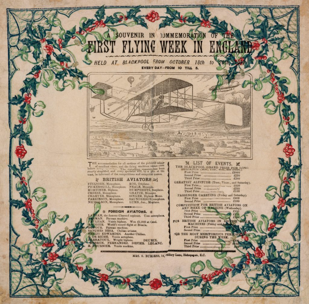 A commemorative and decorative poster from 1909 with information regarding the first flying week in England and a drawing of a monoplane