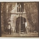 Early black and white photograph by William Henry Fox Talbot of a ladder leaning against a building surrounded by three men